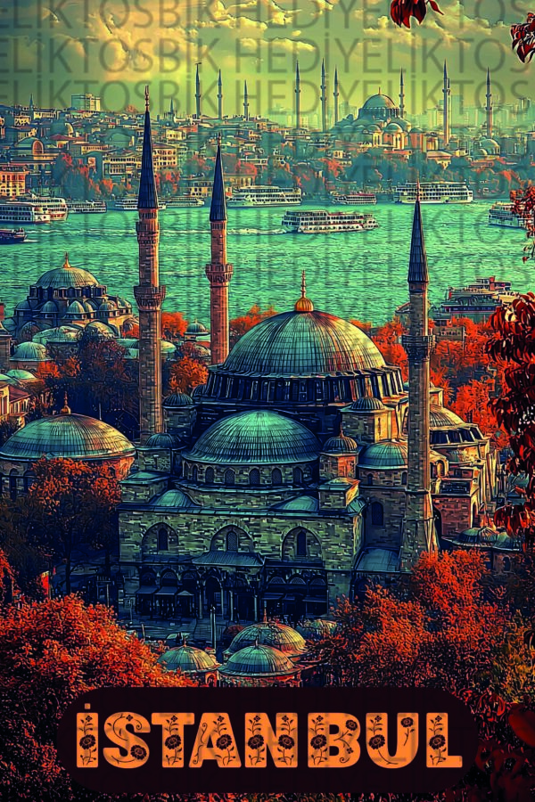 İstanbul Silüeti – Retro Sonbahar Temalı Ahşap Poster