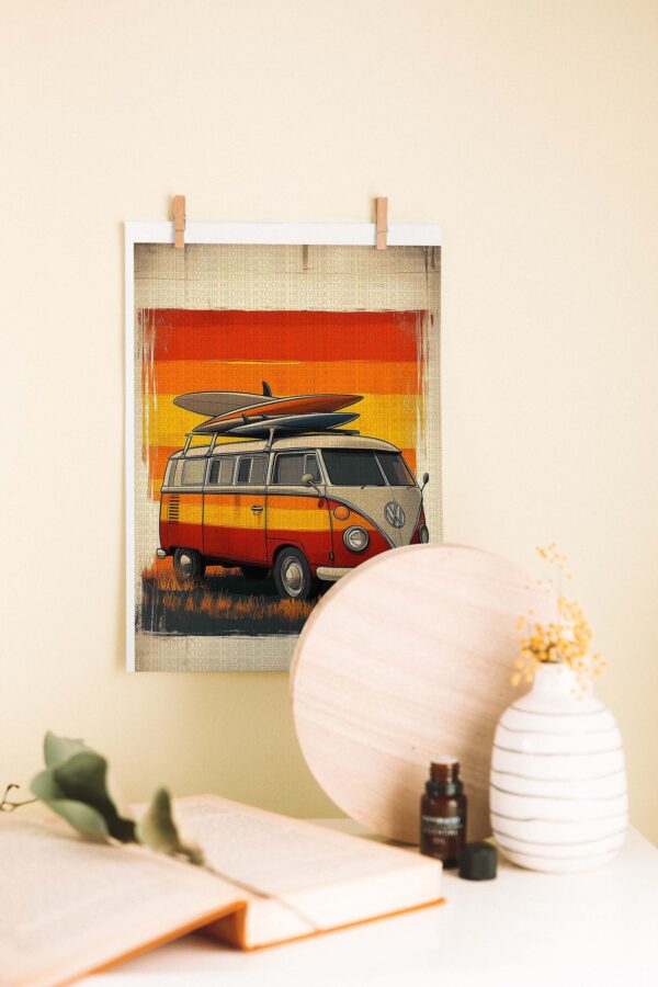 Retro Sörf Minibüsü – Yaz Temalı Ahşap Poster