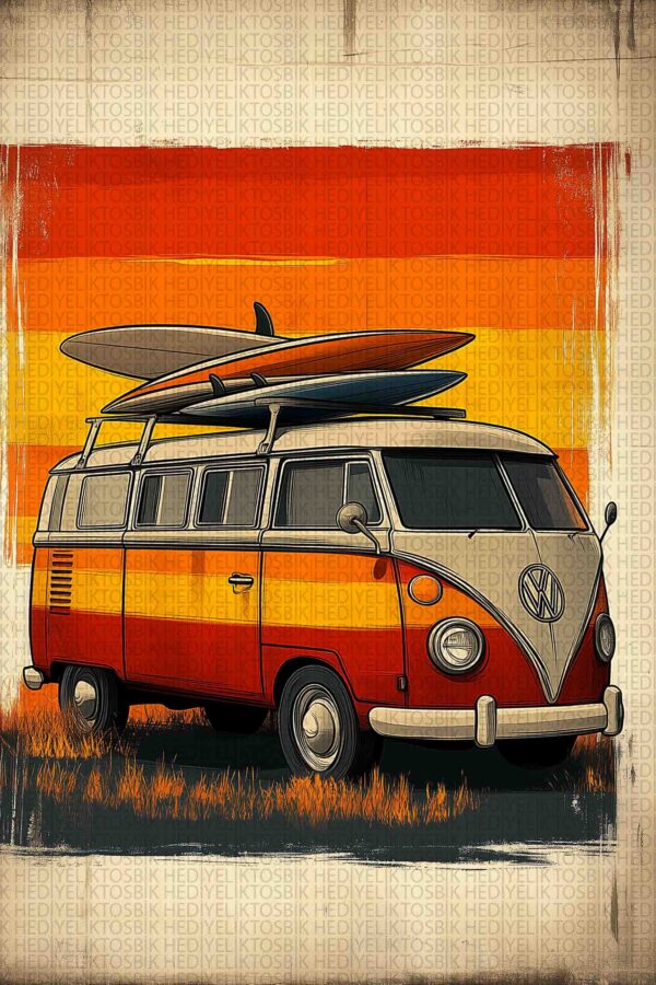 Retro Sörf Minibüsü – Yaz Temalı Ahşap Poster