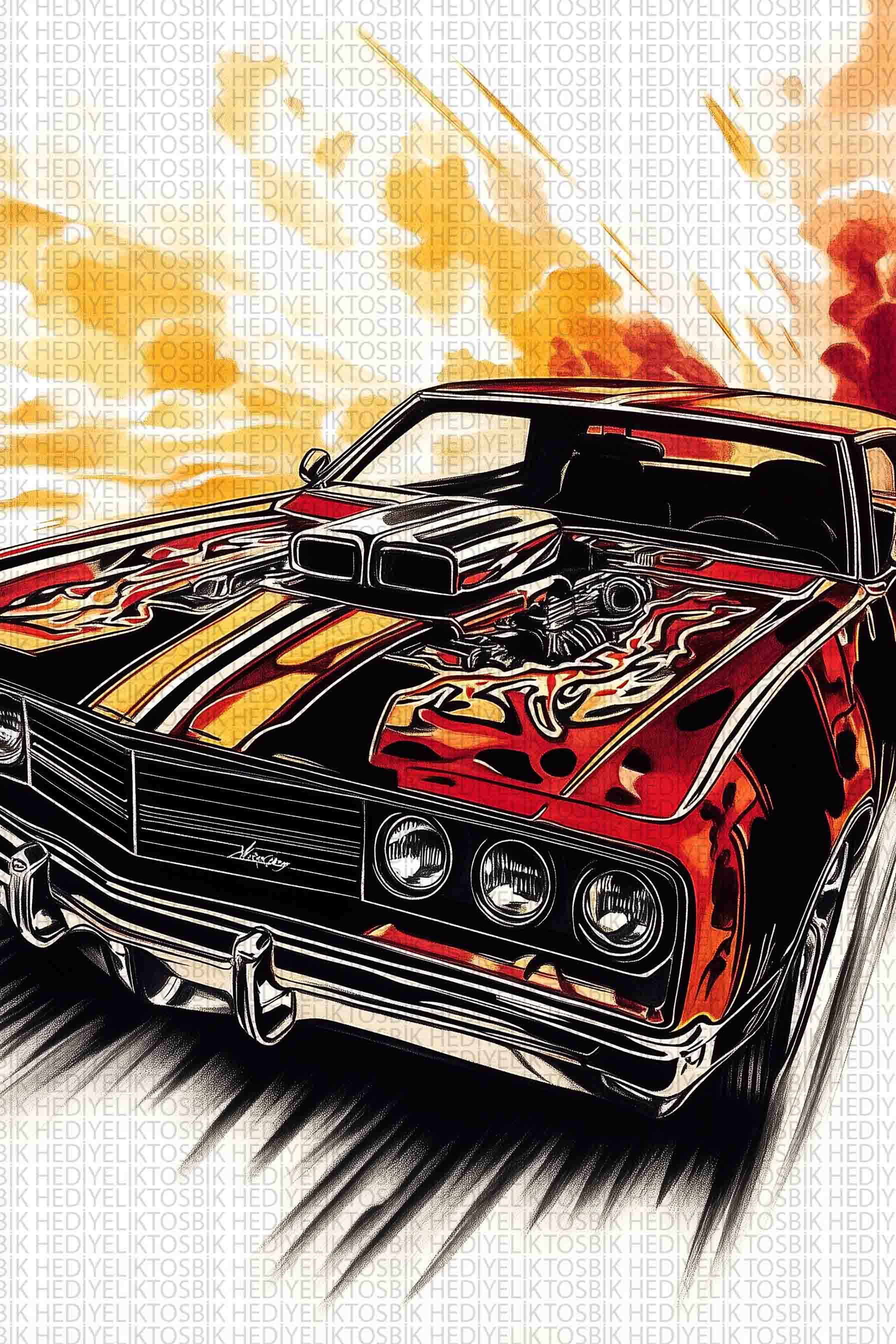 Fire Ride – Retro Amerikan Muscle Araba Ahşap Poster
