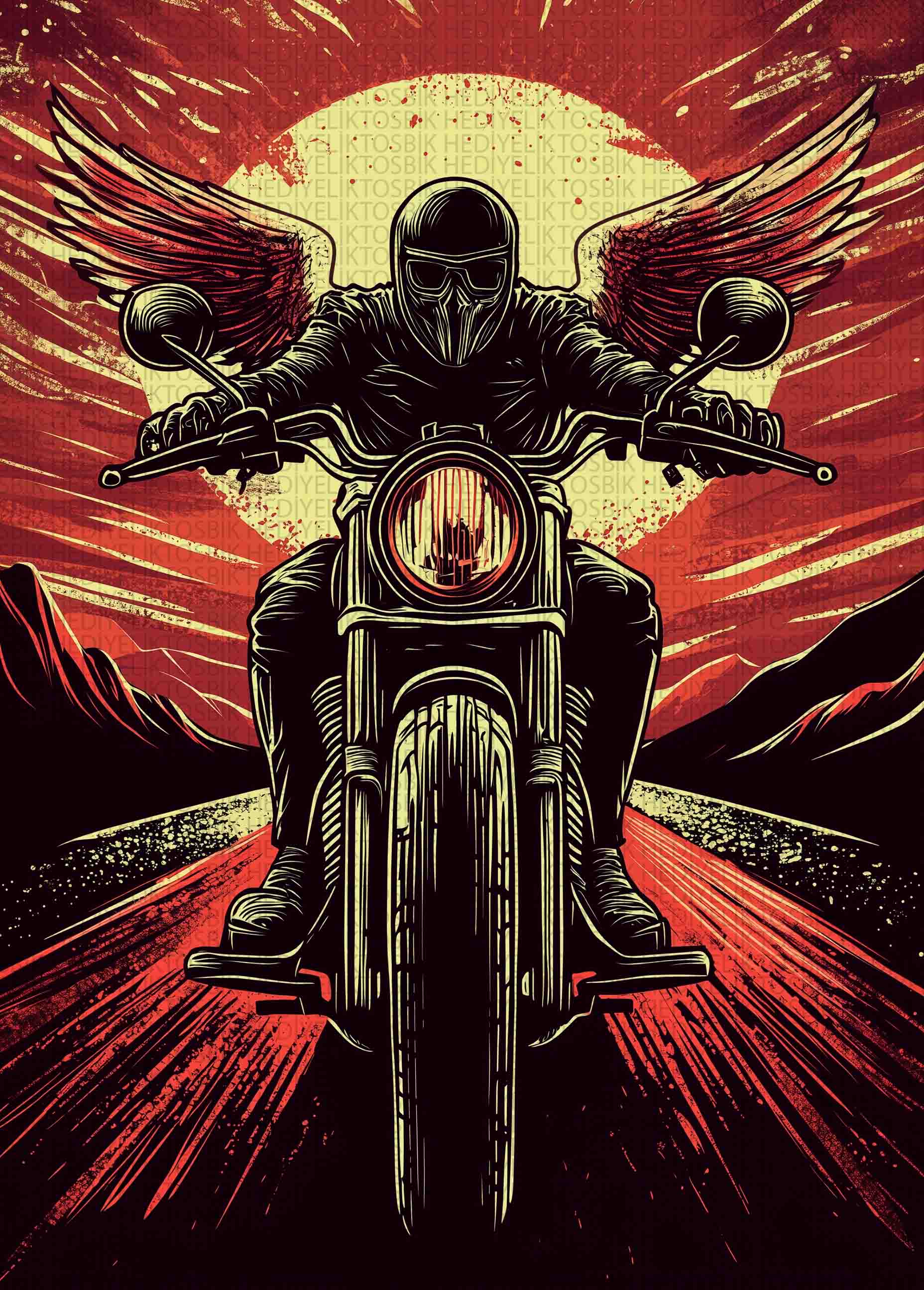 Kızıl Kanatlı Motosikletçi Ahşap Poster