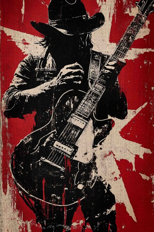 Rock Gitarist Ahşap Poster – Retro Müzik ve Sanat Temalı Duvar Dekoru