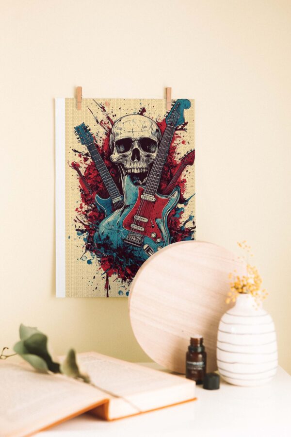 Rock Müzik Kafatası ve Gitarlar Ahşap Poster – Retro Müzik Dekoru