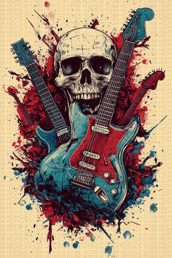 Rock Müzik Kafatası ve Gitarlar Ahşap Poster – Retro Müzik Dekoru