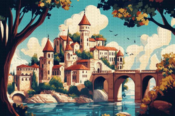 Köprü ve Kaledeki Şehir Ahşap Poster - Doğa ve Tarih Temalı Dekor