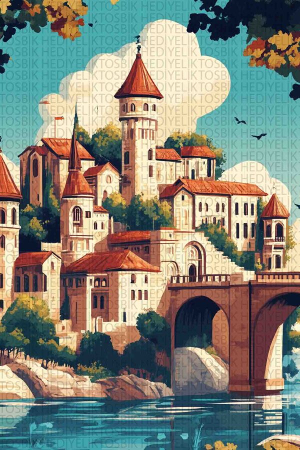 Köprü ve Kaledeki Şehir Ahşap Poster – Doğa ve Tarih Temalı Dekor