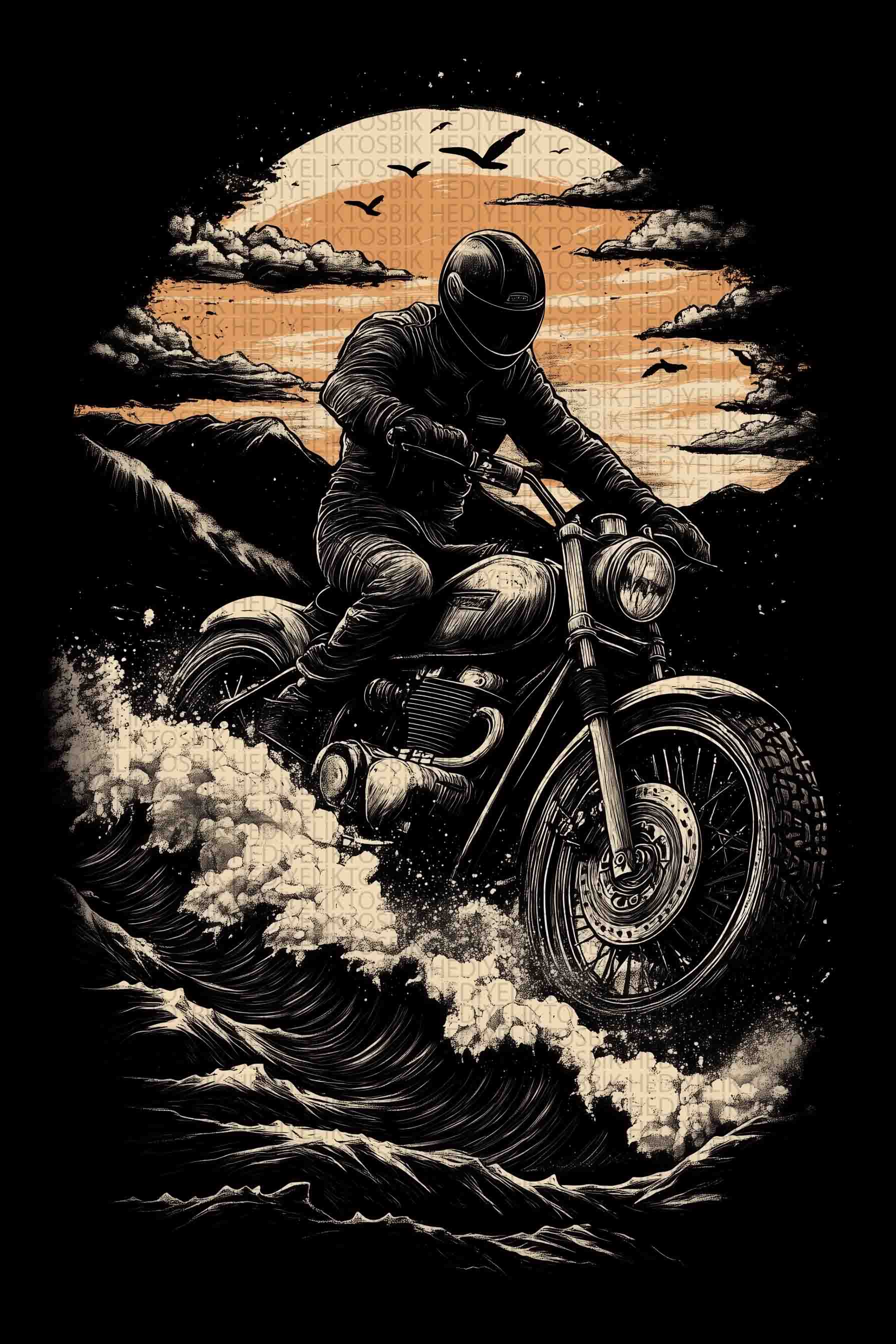 Gece Yolcusu Ahşap Poster - Siyah Motosikletli Sürüş
