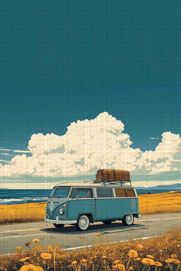 Retro Mavi Minibüs Ahşap Poster