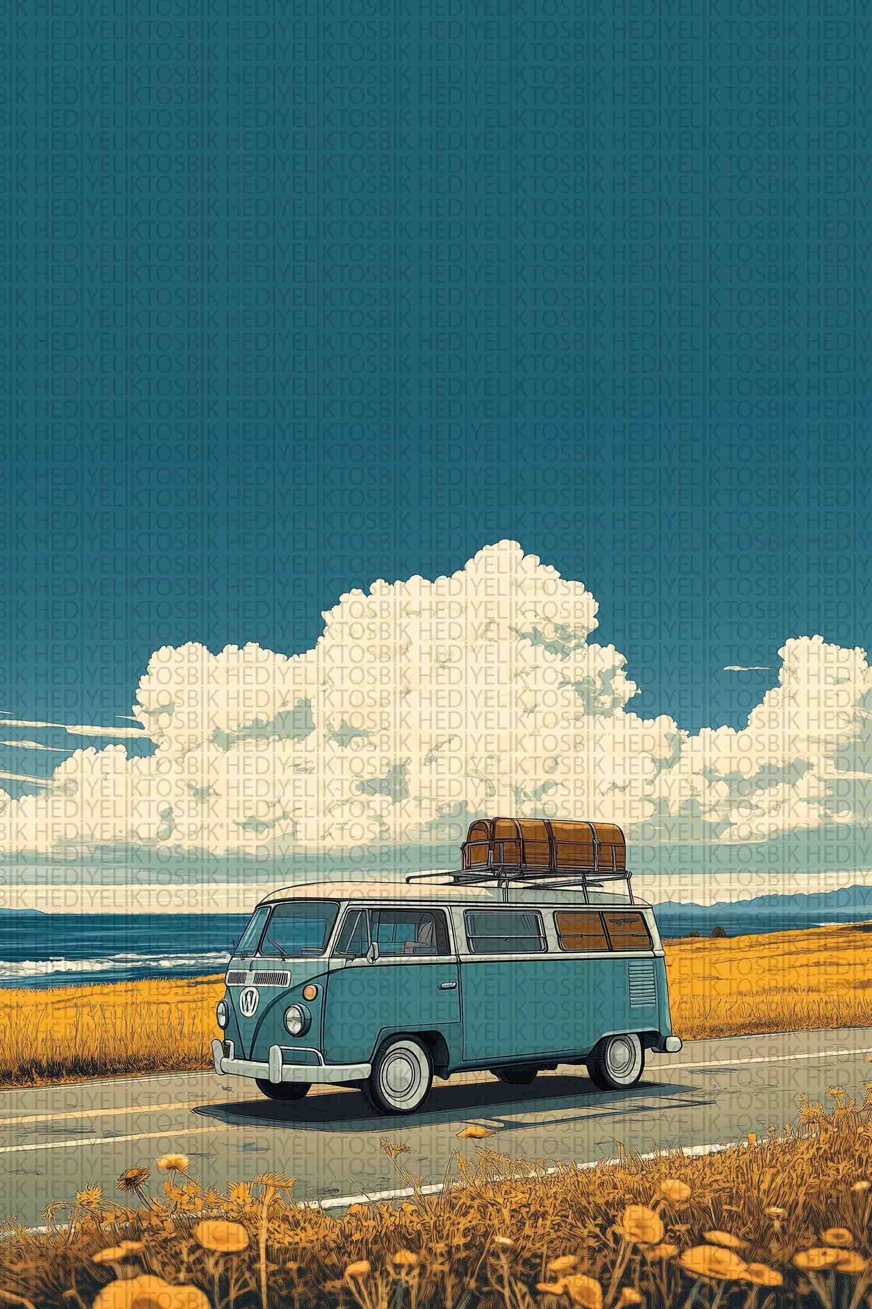 Retro Mavi Minibüs Ahşap Poster