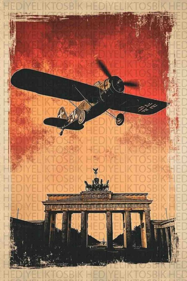 Retro Berlin Kapısı ve Uçak Ahşap Poster