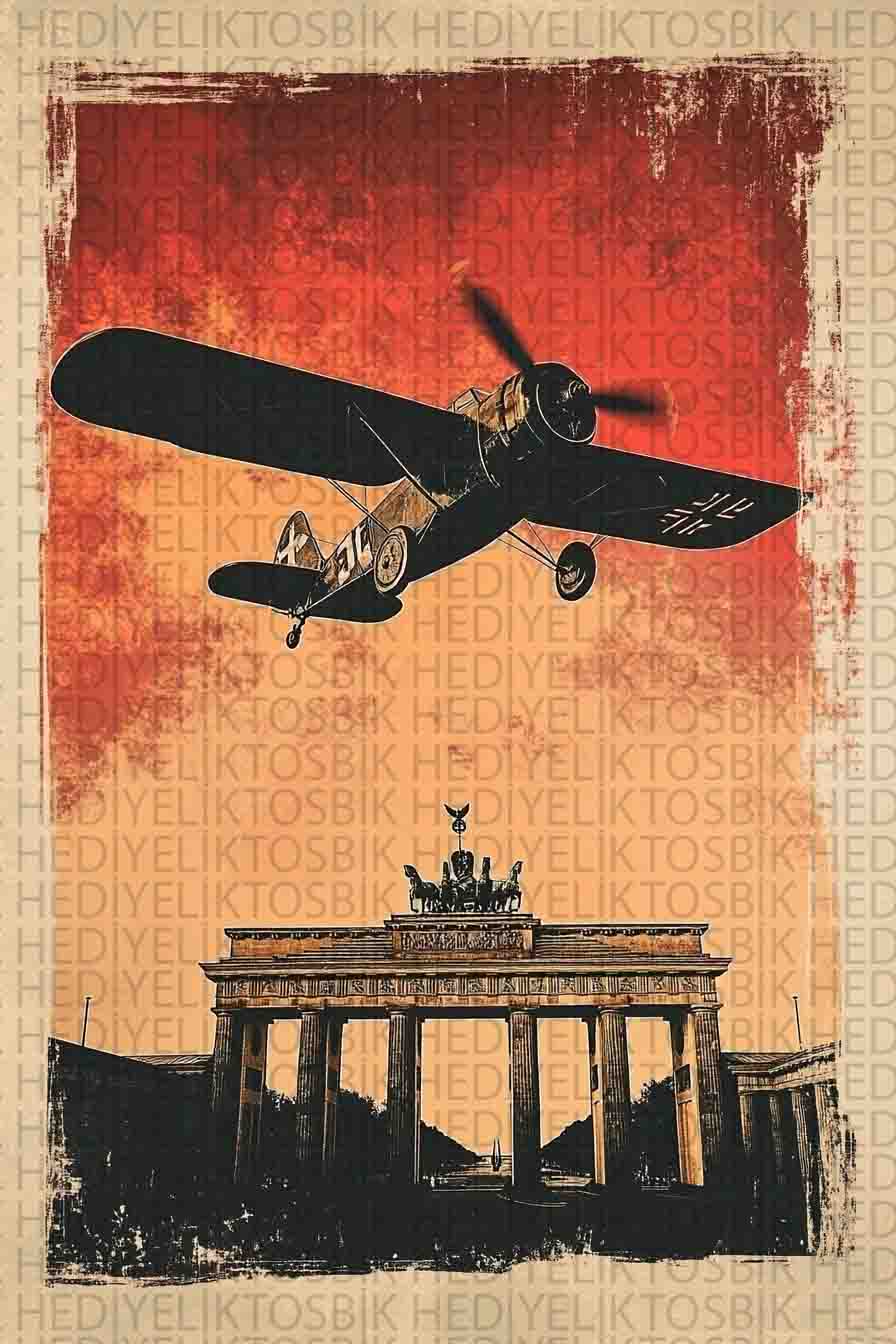 Retro Berlin Kapısı ve Uçak Ahşap Poster