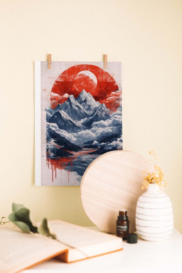 Kızıl Güneş ve Dağlar Ahşap Poster – Retro Doğa Manzarası
