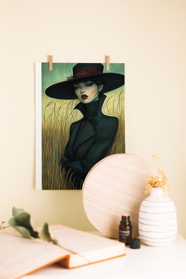 Esrarengiz Kadın ve Buğday Tarlası Ahşap Poster – Retro Sanat