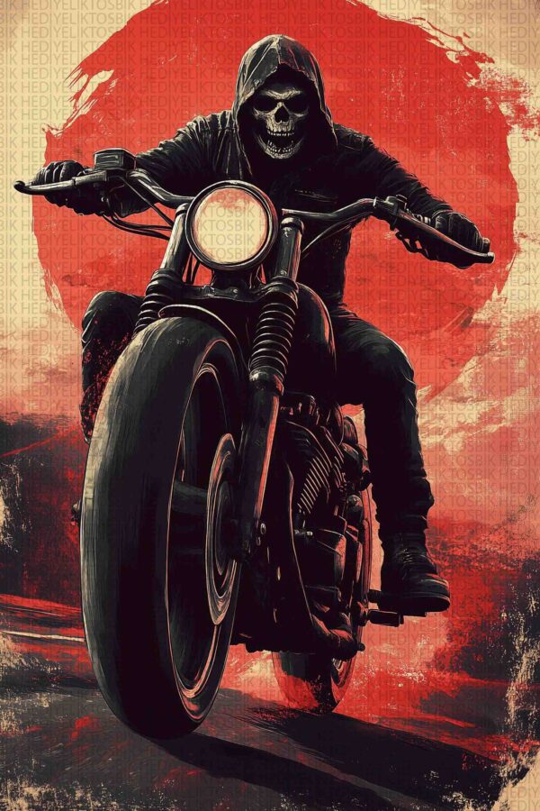 Kuru Kafalı Motorcu Temalı Retro Ahşap Poster – Kırmızı Dramatik Arka Plan