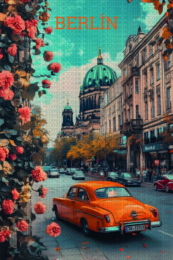 Berlin Sokakları – Vintage Turuncu Araba Temalı Retro Ahşap Poster