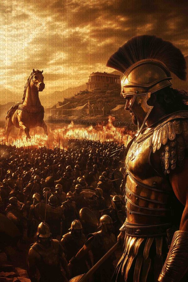 Antik Troy Savaş Sahnesi – Epik Savaşçı Ahşap Poster