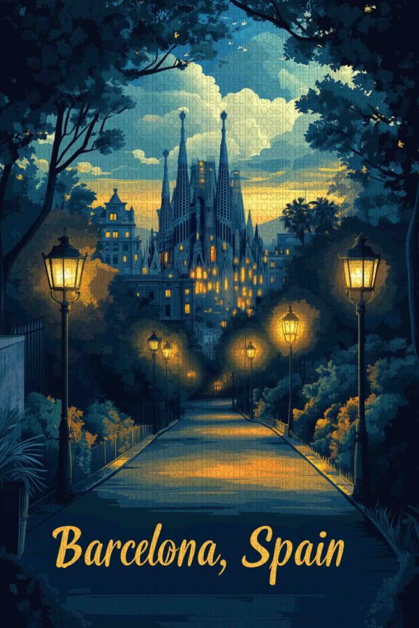 Barcelona Gece Yolu – Dekoratif Ahşap Poster