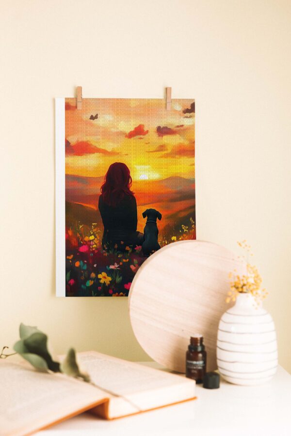 Günbatımında Kadın ve Köpek Ahşap Poster