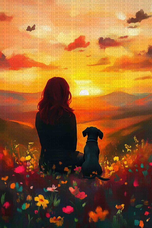 Günbatımında Kadın ve Köpek Ahşap Poster