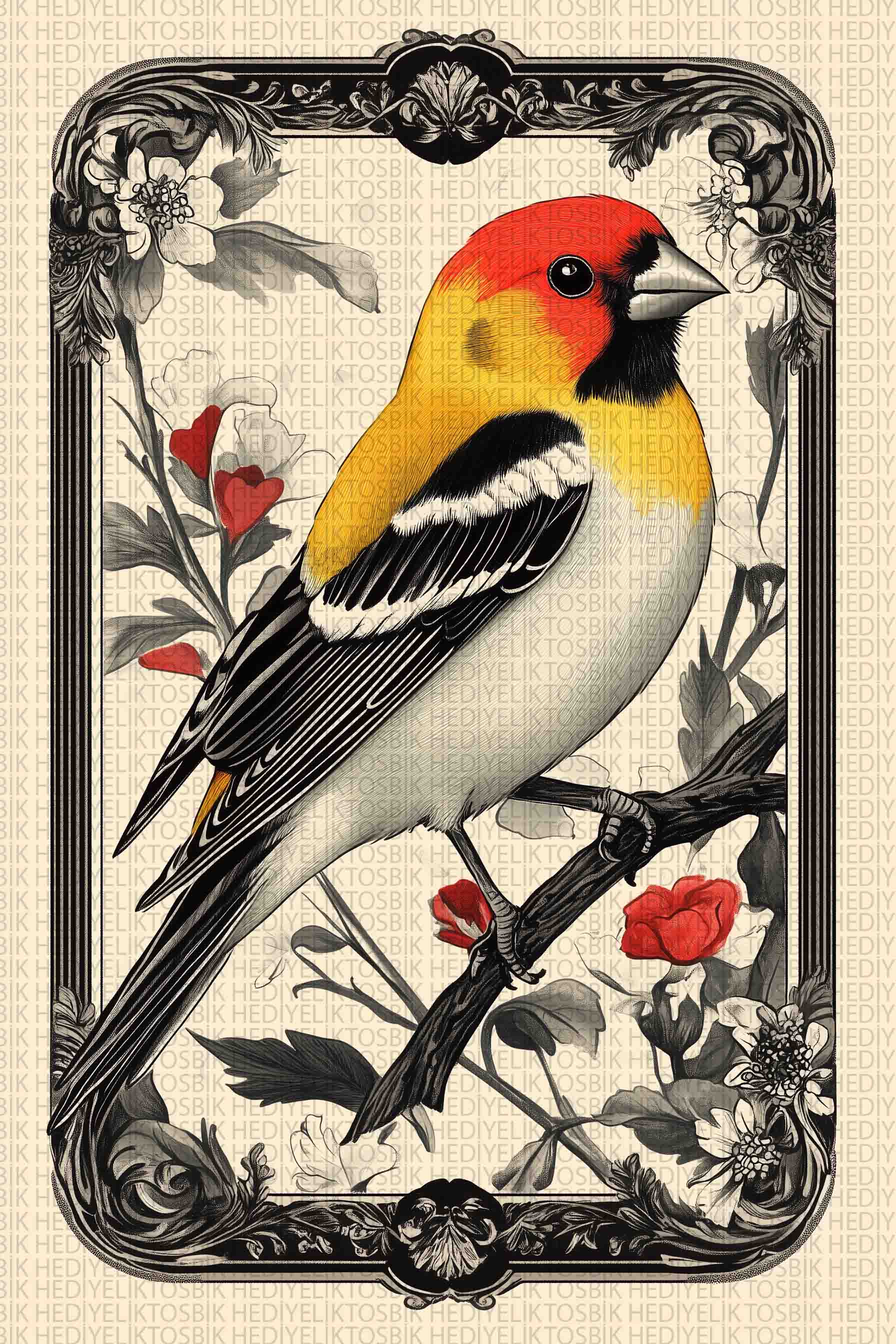 Vintage Stil Çerçeveli Renkli Kuş – Ahşap Dekoratif Poster