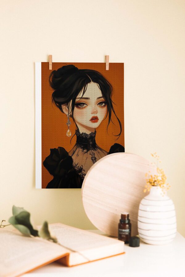Gotik Zarafet – Siyah Elbiseli Kadın Portresi Ahşap Poster