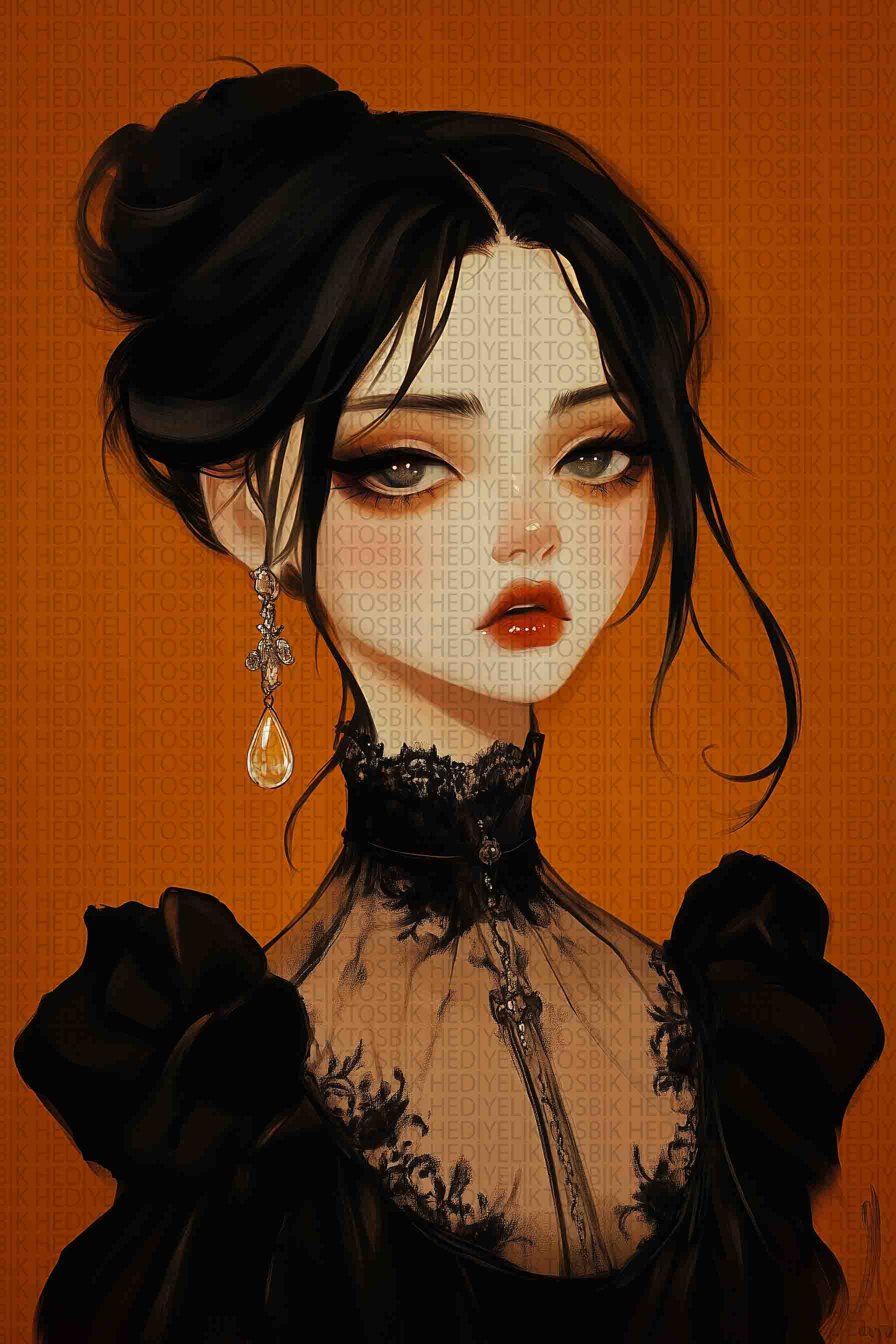 Gotik Zarafet – Siyah Elbiseli Kadın Portresi Ahşap Poster