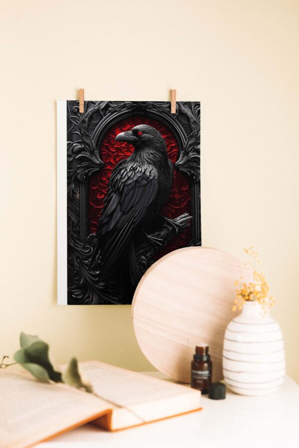 Gotik Karga – Siyah Çerçeveli Kırmızı Zeminli Ahşap Poster