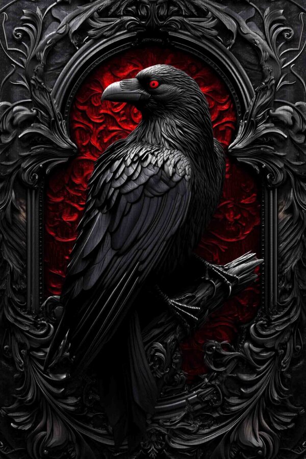 Gotik Karga – Siyah Çerçeveli Kırmızı Zeminli Ahşap Poster