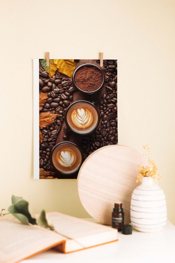 Sonbahar Aroması – Kahve Çekirdekleri ve Latte Sanatı Temalı Ahşap Poster