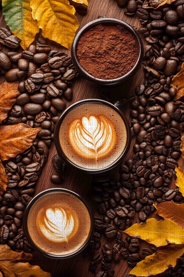 Sonbahar Aroması – Kahve Çekirdekleri ve Latte Sanatı Temalı Ahşap Poster