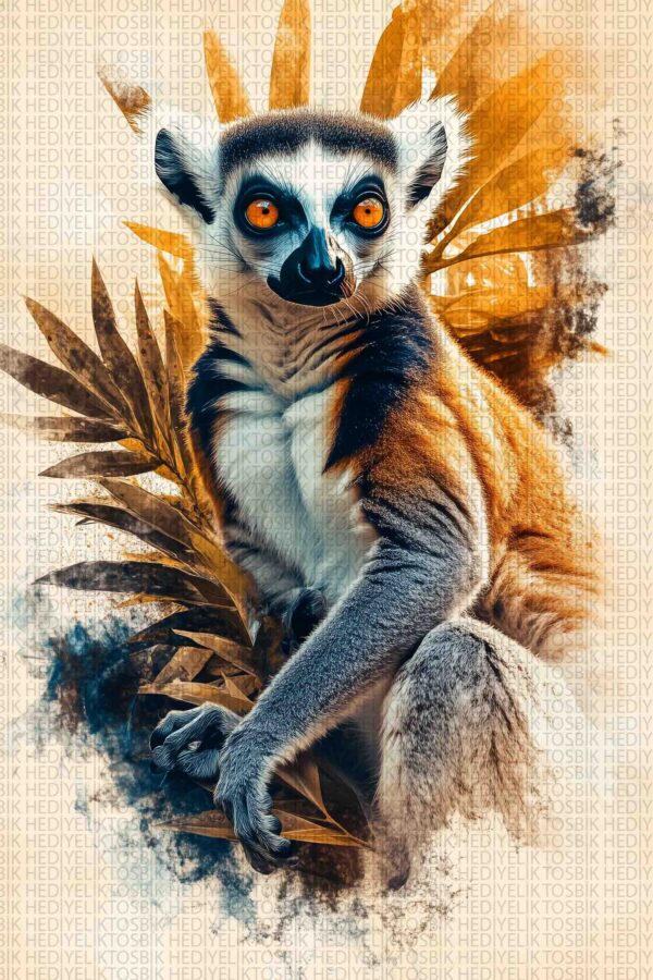 Tropikal Bakış – Lemur ve Palmiye Temalı Ahşap Poster