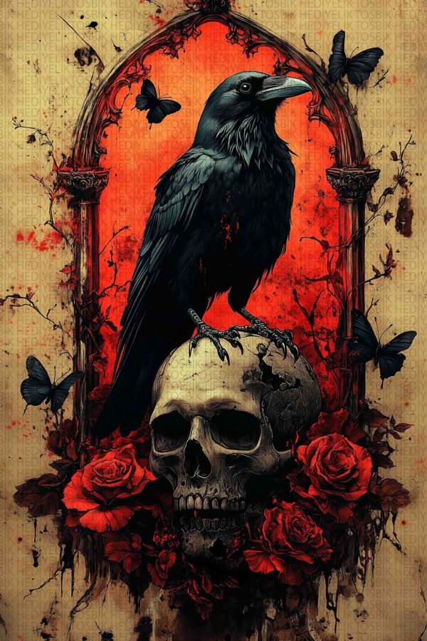 Gotik Kuzgun ve Kafatası – Karanlık Sanat Temalı Ahşap Poster