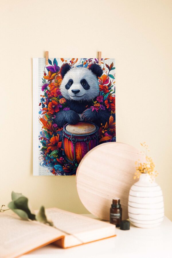 Çiçekler İçinde Bongo Çalan Panda – Renkli Hayvan Temalı Ahşap Poster