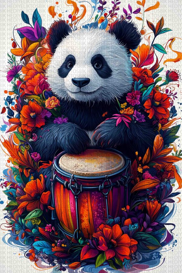 Çiçekler İçinde Bongo Çalan Panda – Renkli Hayvan Temalı Ahşap Poster