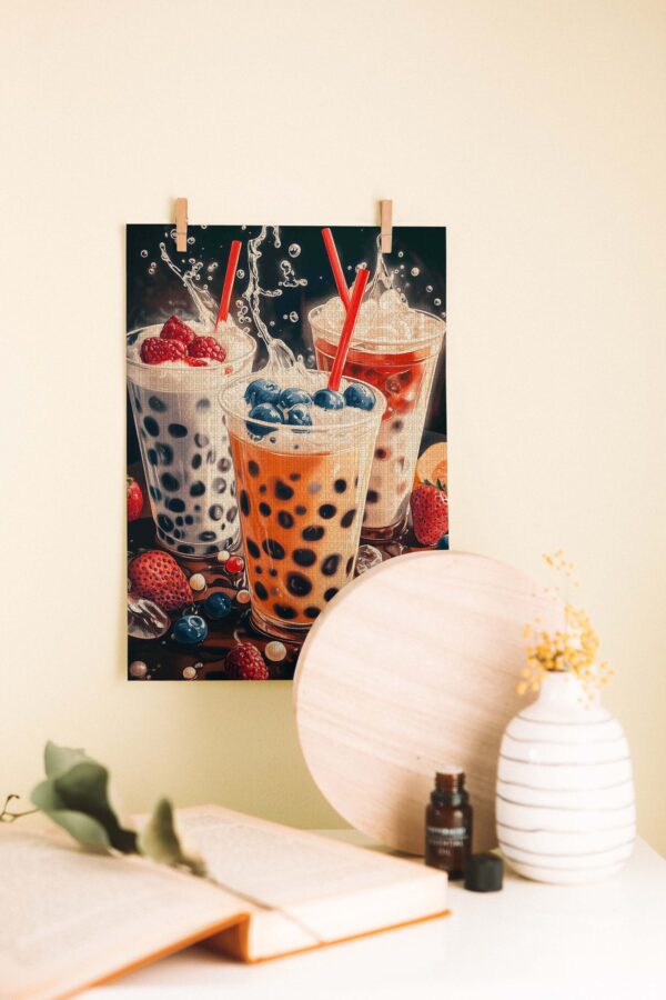Meyveli Bubble Tea Temalı Renkli Ahşap Poster