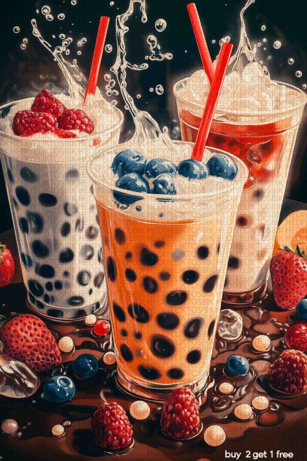 Meyveli Bubble Tea Temalı Renkli Ahşap Poster
