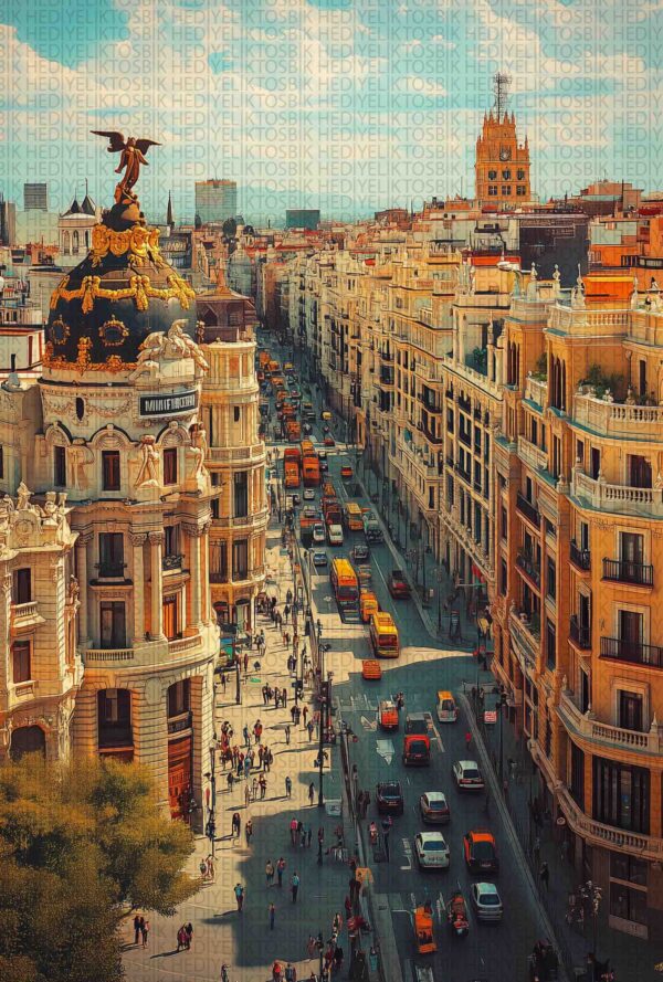 Madrid Gran Vía – Şehir Manzaralı Dekoratif Ahşap Poster