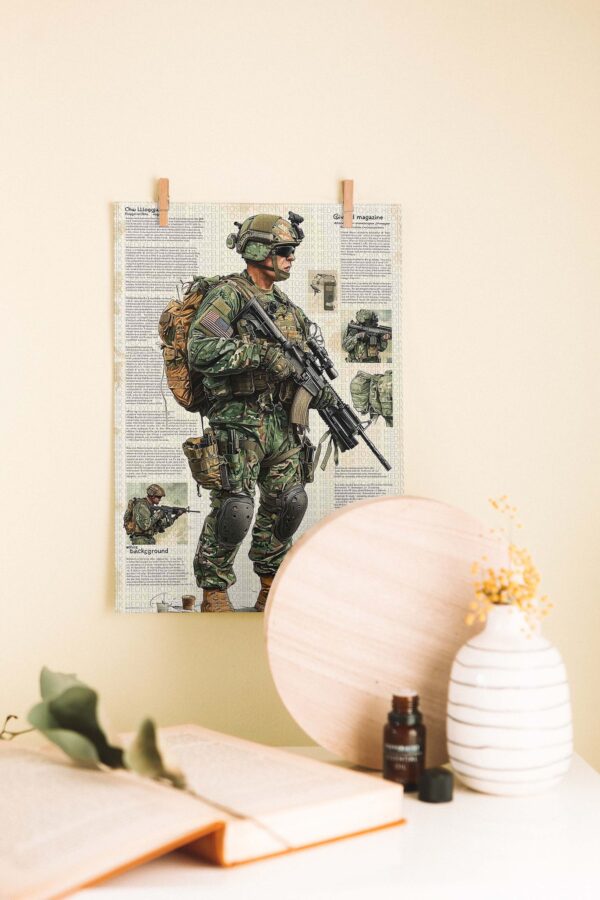 Taktik Asker – Detaylı Asker Ekipmanları Çizimli Ahşap Poster