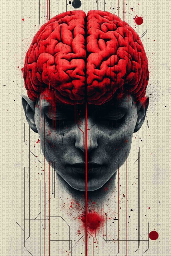 Kırmızı Beyin ve Yüz İllüstrasyonu – Modern Sanat Tarzı Ahşap Poster