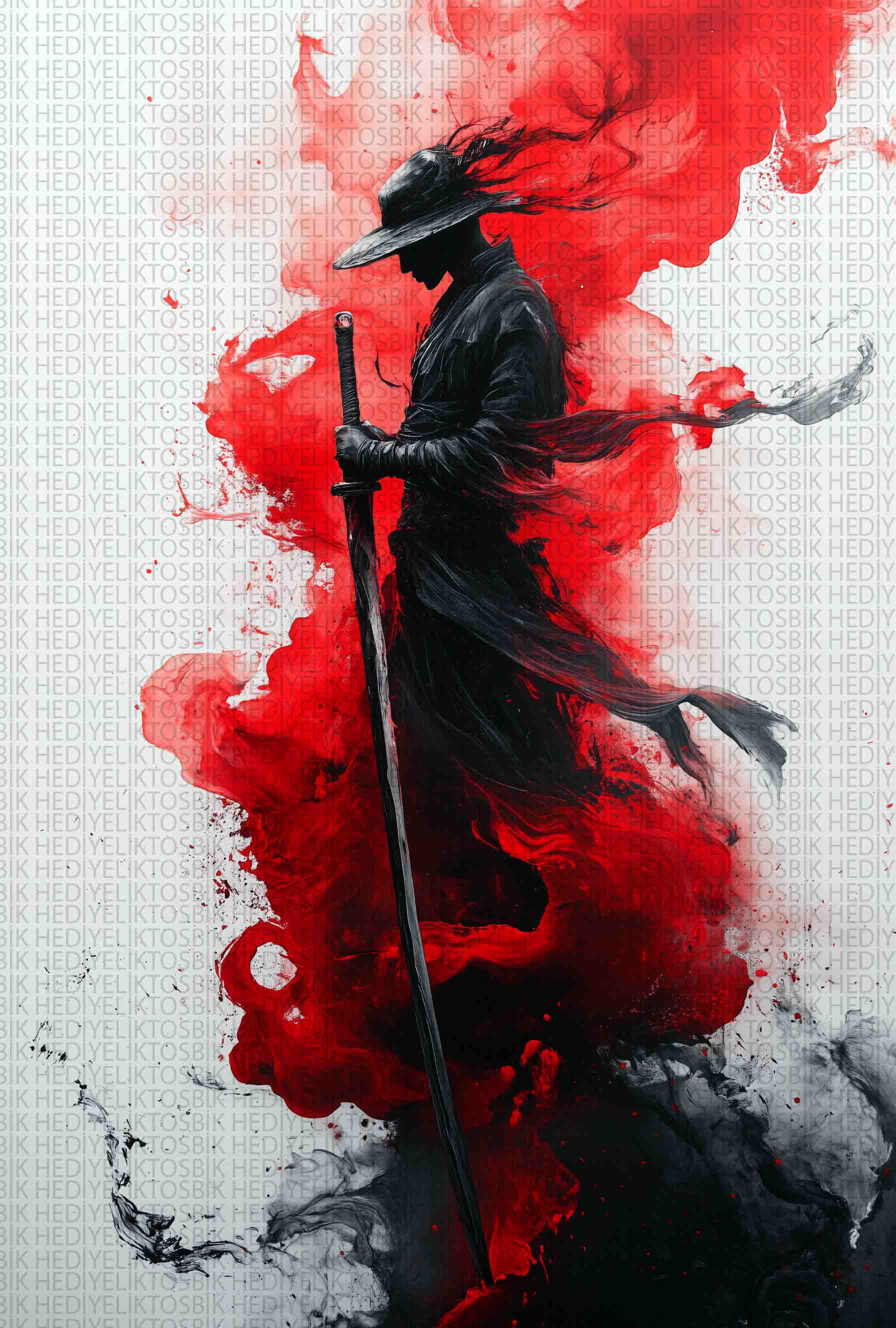 Samurayın Sessiz Gücü – Kırmızı ve Siyah Dumanlı Ahşap Poster