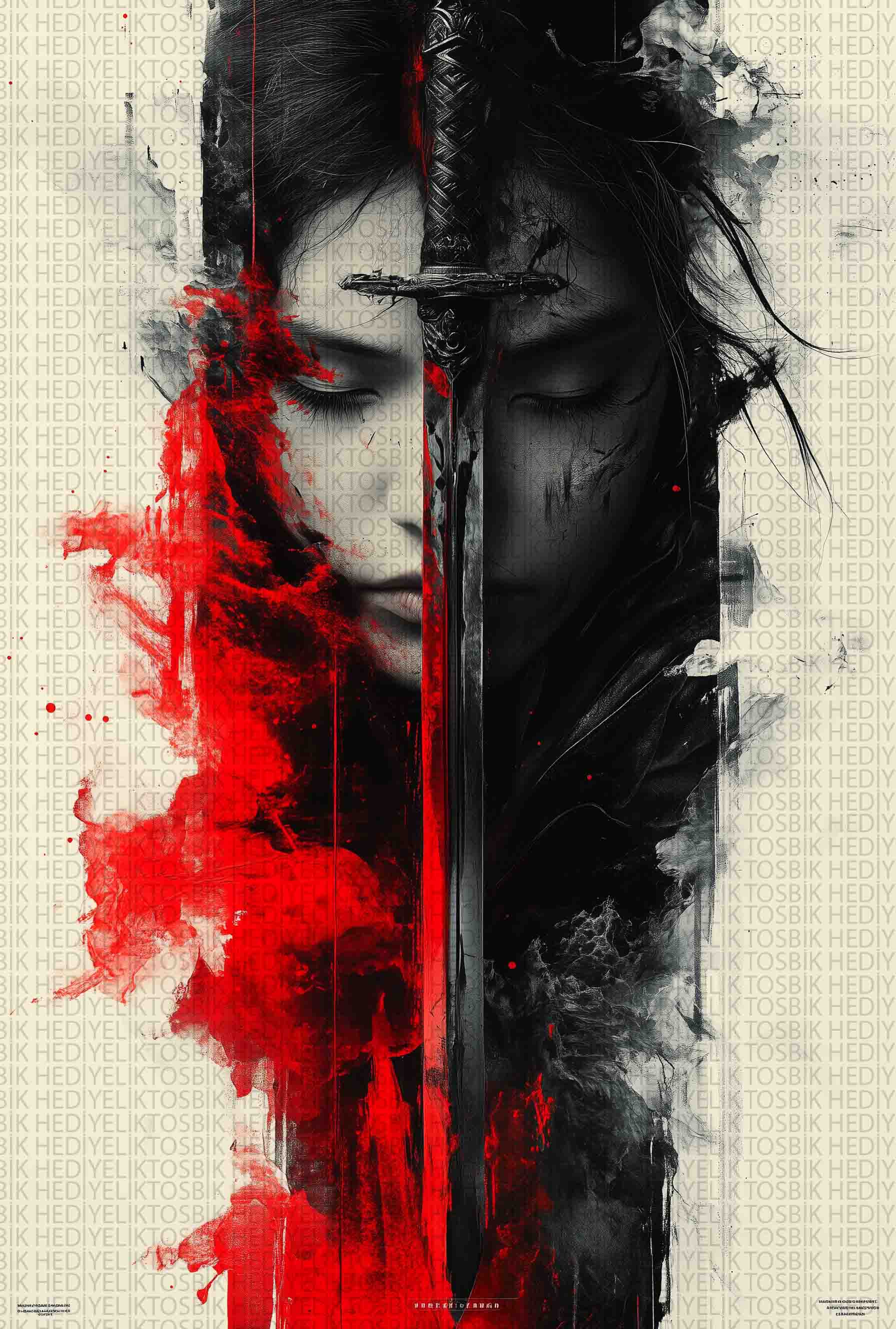 İkiye Bölünmüş Ruh – Kılıç ve Kadın Portresi Temalı Ahşap Poster
