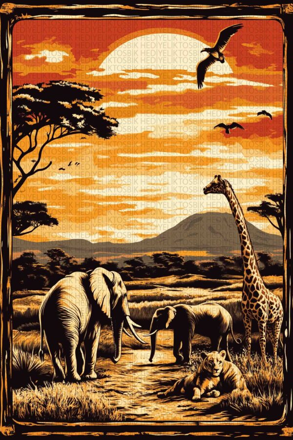 Afrika Vahşi Yaşam – Gün Batımı Temalı Dekoratif Ahşap Poster