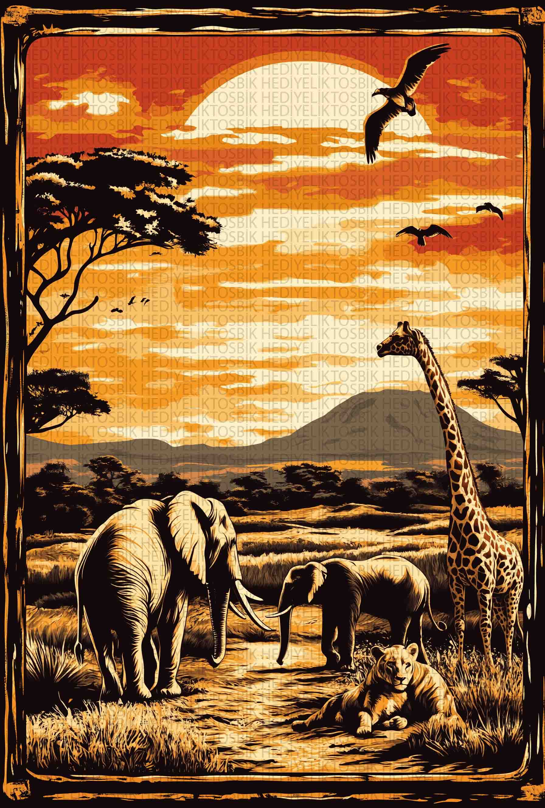 Afrika Vahşi Yaşam – Gün Batımı Temalı Dekoratif Ahşap Poster