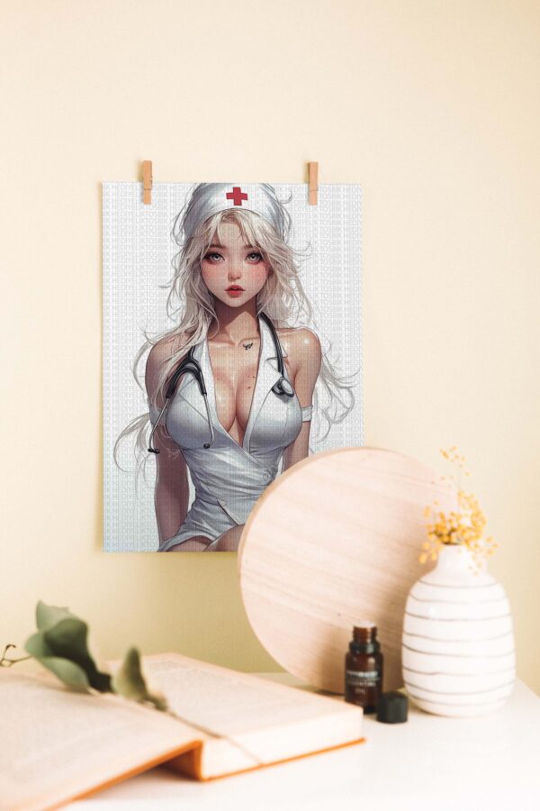 Anime Tarzı Seksi Hemşire – Stilize İllüstrasyon Ahşap Poster
