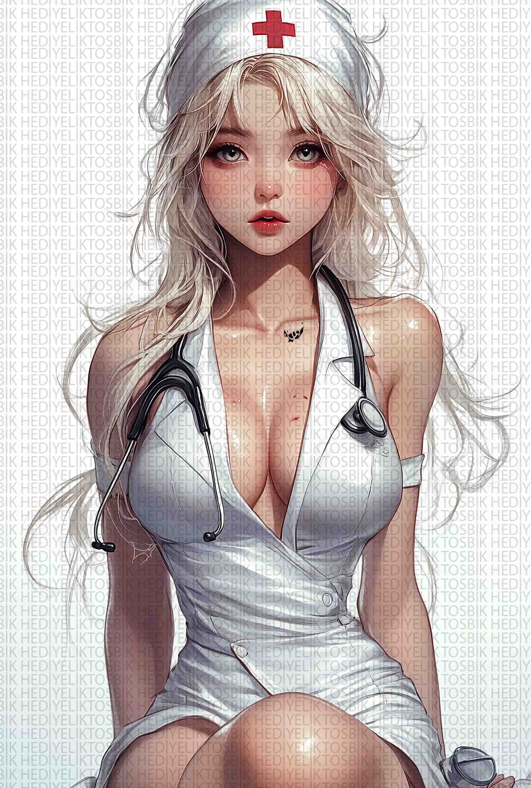 Anime Tarzı Seksi Hemşire – Stilize İllüstrasyon Ahşap Poster