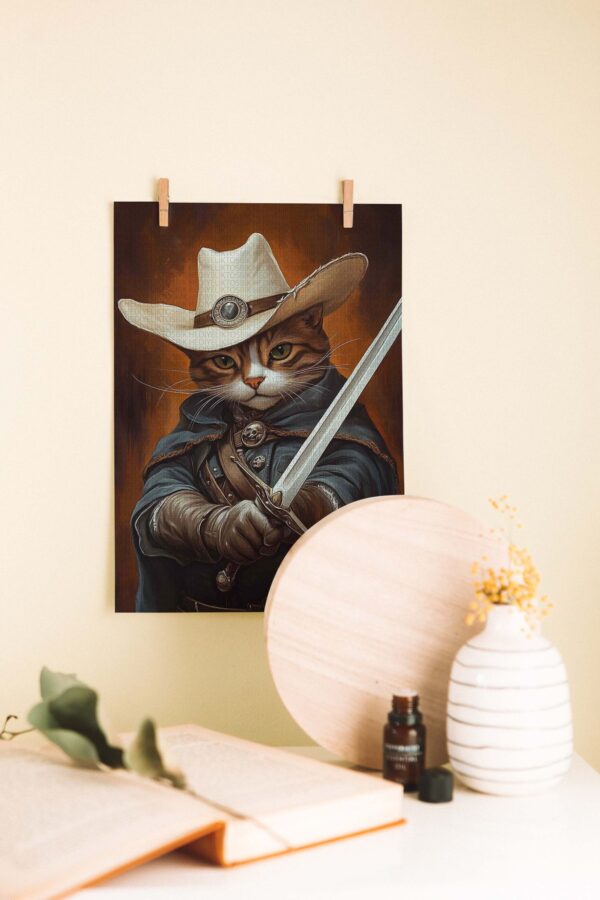 Kılıçlı Kovboy Kedi – Fantastik Dekoratif Ahşap Poster