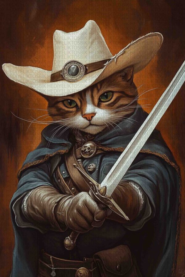 Kılıçlı Kovboy Kedi – Fantastik Dekoratif Ahşap Poster