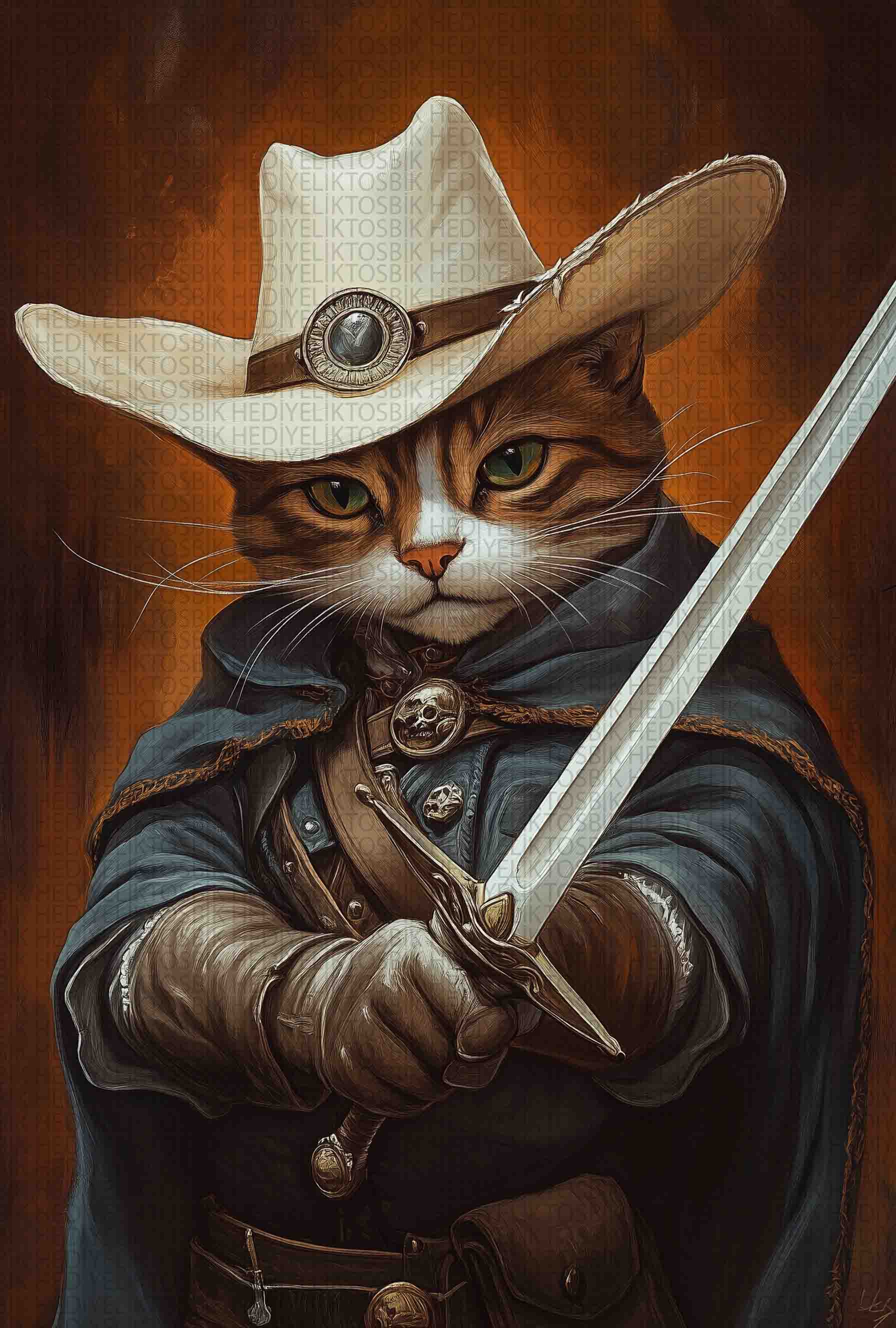 Kılıçlı Kovboy Kedi – Fantastik Dekoratif Ahşap Poster