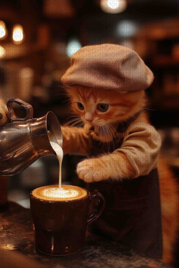 Barista Kedi – Kahve Severler İçin Dekoratif Ahşap Poster