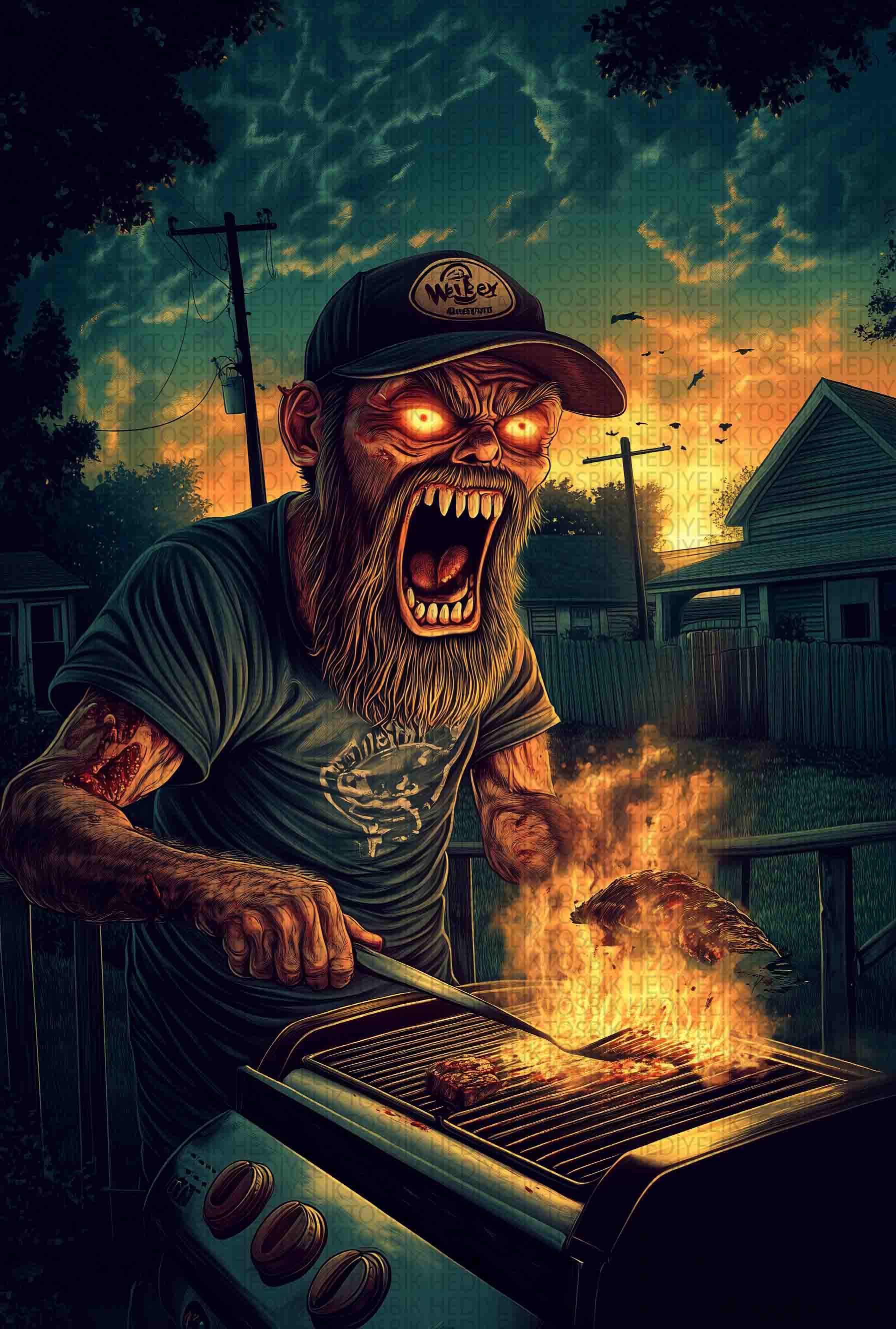 Zombi Barbekü – Korku Temalı Komik Dekoratif Ahşap Poster